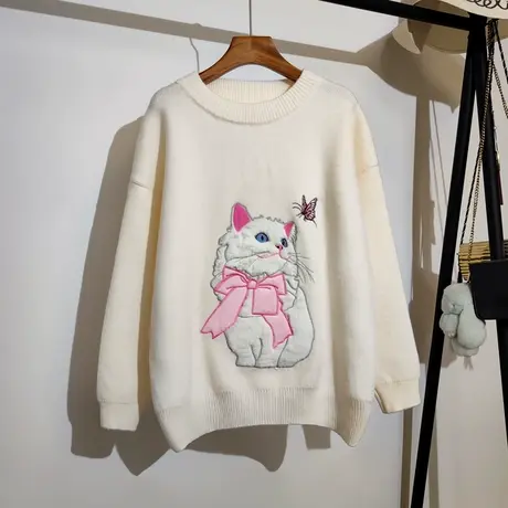 学院风毛衣女宽松套头2023秋冬新款可爱猫咪刺绣针织衫上衣外穿潮图片