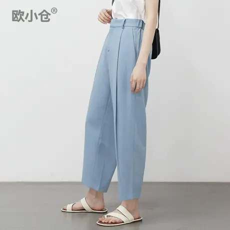 欧小仓慕斯系列打褶宽松哈伦奶奶裤帅气九分镰刀裤宽松醋酸西装裤图片