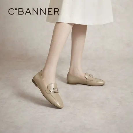 千百度低跟平底两穿乐福鞋女秋季气质羊皮通勤方头小皮鞋一脚蹬商品大图