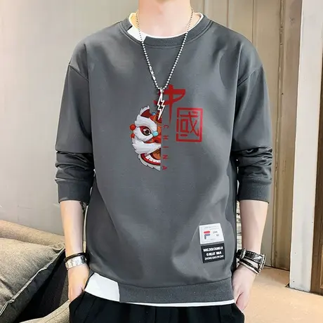 男士卫衣春秋季国潮宽松假两件长袖t恤帅气百搭秋衣休闲圆领上衣商品大图