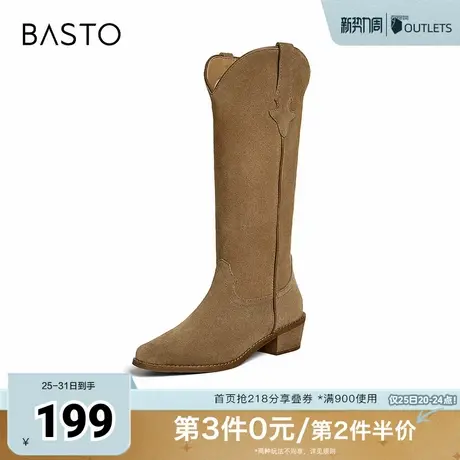 百思图冬季新款时尚复古户外休闲西部靴粗跟女长靴A6907DG4图片