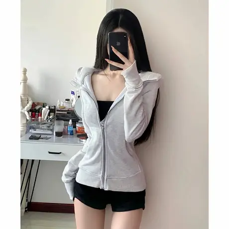 NOW真维斯灰色连帽卫衣女2025秋季新款辣妹收腰显瘦上衣开衫外套商品大图