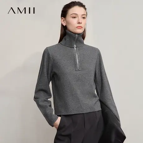 Amii2025秋新款极简纯色高领翻领两穿合体弹力套头合肩长袖毛衣商品大图