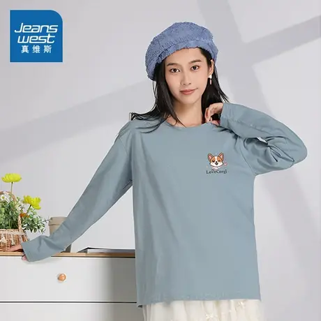 LE真维斯女装秋冬季小狗图案可爱卡通简约百搭圆领长袖T恤商品大图