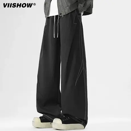 VIISHOW美式褶皱弯刀卫裤男士秋季2025新款宽松直筒休闲运动裤子商品大图