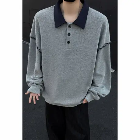 华夫格翻领卫衣男春秋季2025新款大码拼接休闲上衣服美式潮牌外套商品大图