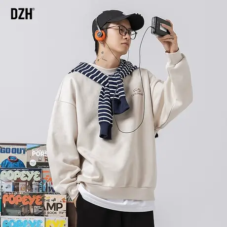 男士圆领麂皮绒卫衣男春秋款潮牌外套米白色上衣宽松休闲男装秋装商品大图