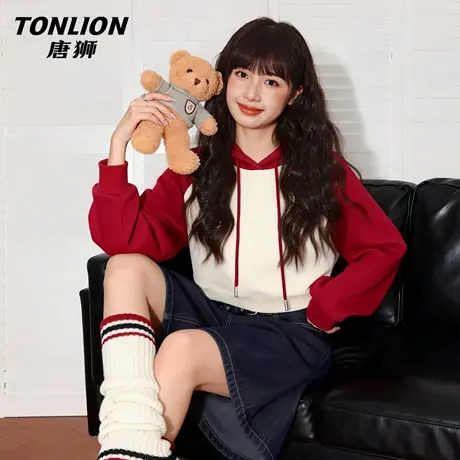 唐狮官方撞色卫衣女2026新款春季短款套头外套连帽上衣个性帽衫VC图片