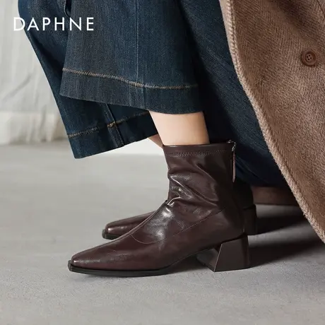 达芙妮复古棕色尖头小短靴女2026新款冬季加绒皮靴瘦瘦靴马丁靴子商品大图