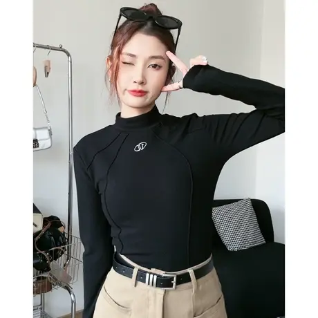 尔给黑色半高领打底衫女2023新款秋冬小个子t恤修身长袖内搭上衣商品大图