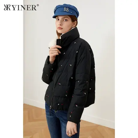 YINER音儿商场同款女装2021冬季新款绣花短款立领羽绒服商品大图