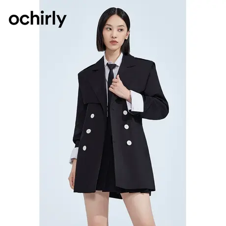 ochirly欧时力 全棉中长风衣外套女2023新款秋冬英伦风双排扣腰带图片