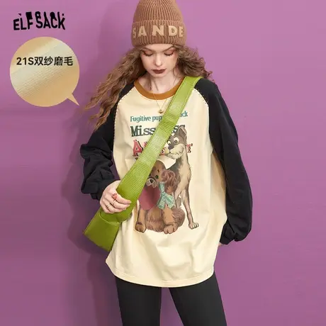 妖精的口袋美式复古长袖t恤女2023冬新款插肩袖圆领印花显瘦上衣商品大图