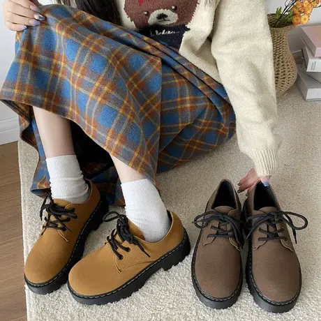 爆款黑色英伦风厚底小皮鞋女2023新款春秋松糕增高马丁单鞋百搭图片