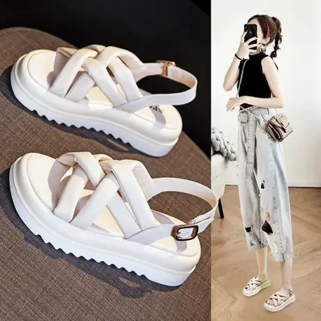 真皮凉鞋外穿厚底女2023年新款夏季时装平底罗马夏天鞋子运动沙滩商品大图