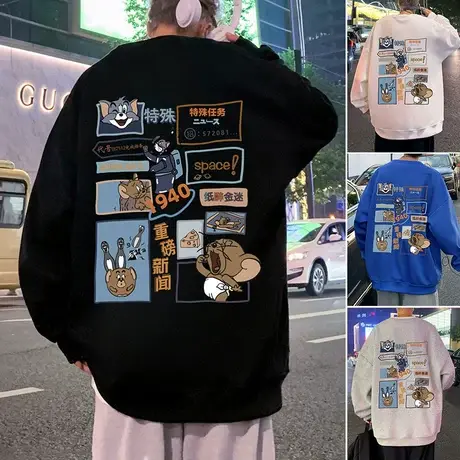 秋冬季加绒加厚宽松套头圆领卫衣男潮流休闲卡通印花无帽内搭打底商品大图