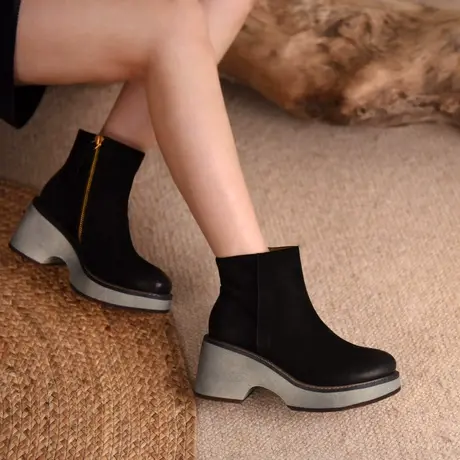 Artmu阿木原创粗高跟短靴坡跟裸靴真皮厚底女靴子2023秋冬新款图片