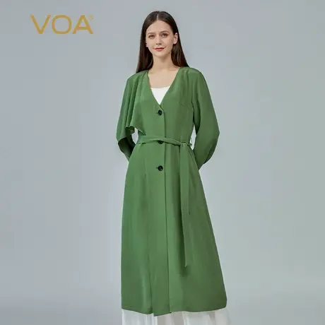 VOA30姆米重磅真丝V领做旧工艺绿色三粒扣长袖中长裙摆桑蚕丝外套商品大图