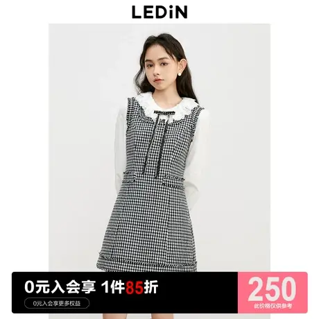 乐町千鸟格无袖连衣裙23年初秋新款女装毛边连衣裙简约方领背心裙商品大图