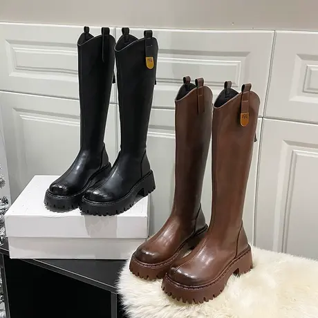 法式小个子长筒靴女2023新款V口厚底骑士靴增高跟长靴高筒马丁靴商品大图