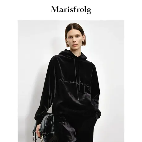 【艺术匠坊】玛丝菲尔秋季黑色刺绣logo丝绒连帽卫衣商品大图