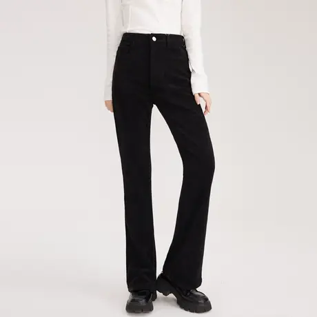 尔给灯芯绒裤子女秋冬高腰黑色美式复古微喇裤设计感2022年新款商品大图