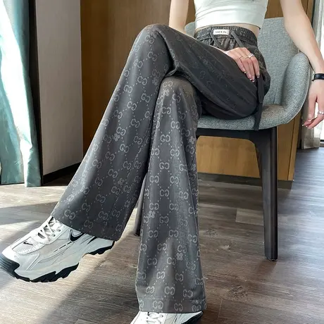 灰色提花窄版冰丝阔腿裤女夏季薄款高级垂感休闲直筒拖地防晒长裤商品大图