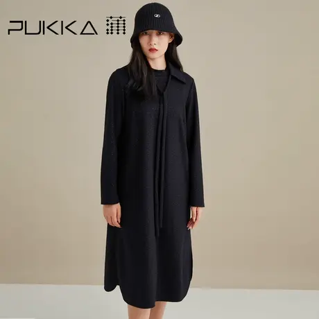 蒲PUKKA 秋冬长袖连衣裙女圆领星点黑色中长裙宽松女裙商场同款图片