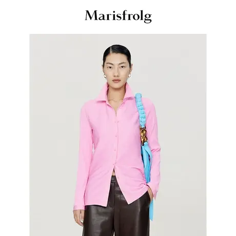 #多巴胺穿搭# 玛丝菲尔23春装新款polo领小香收腰粉色衬衫商品大图