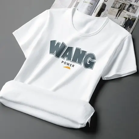 白色短袖t恤男装2024新款圆领上衣服半袖秋冬季保暖加绒加厚体恤商品大图