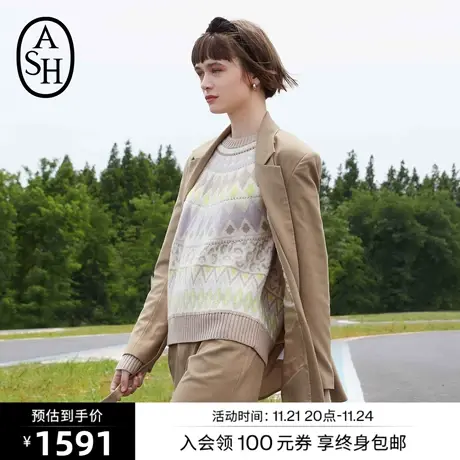 ASH女装冬季新款时尚宽松圆领针织衫提花纹百搭潮流毛衣上衣图片