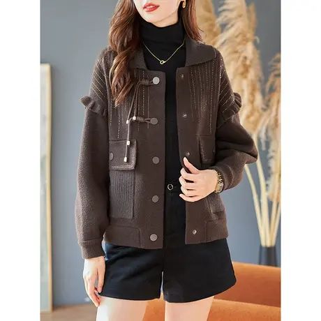 宝诗黎翻领蝙蝠袖烫钻夹克上衣女2023秋季新款时尚洋气针织短外套商品大图