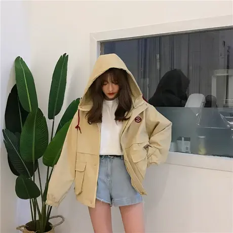 连帽夹克工装外套女春秋2023新款潮韩版学生bf原宿宽松开学季外衣商品大图