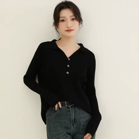 韩潮袭人高级感polo领毛衣女士春冬2024新款黑色长袖针织衫上衣图片