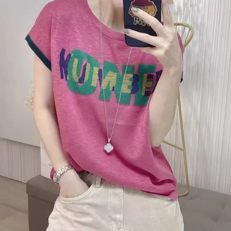 竹节麻短袖t恤女夏装2023新款宽松圆领字母提花冰丝体桖针织上衣商品大图