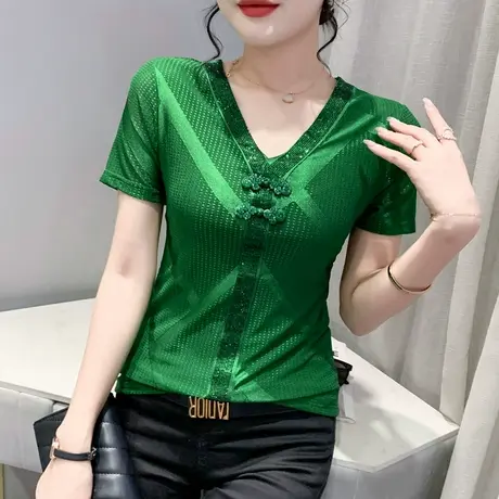 性感V领网纱T恤女短袖2024夏季新款时尚烫钻盘扣上衣洋气修身小衫图片