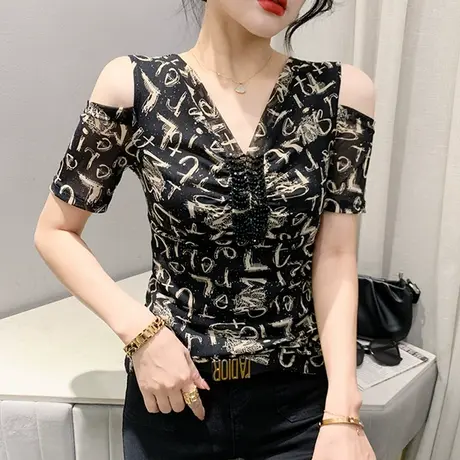 性感V领网纱上衣女短袖时尚露肩气质小衫字母印花T恤别致钉珠半袖图片