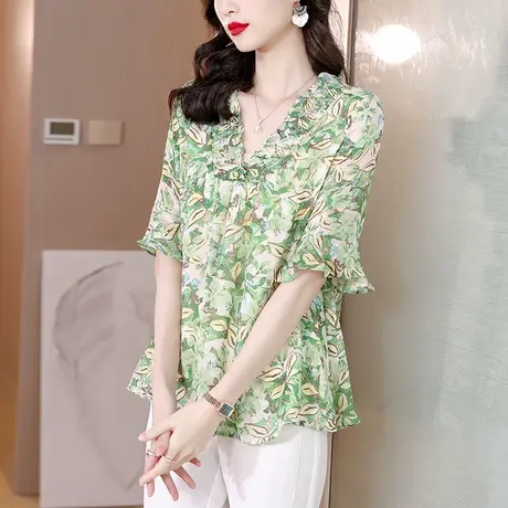 妈妈高端洋气小衫女夏装2023新款漂亮时尚短袖雪纺衫短袖绿色上衣商品大图