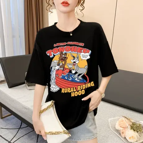 短袖t恤女夏季上衣2023新款韩版宽松百搭休闲纯棉半袖体恤ins潮牌商品大图