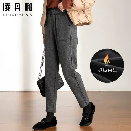 加绒毛呢裤女秋冬加厚女裤松紧腰妈妈裤羊毛呢子裤子冬休闲哈伦裤商品大图