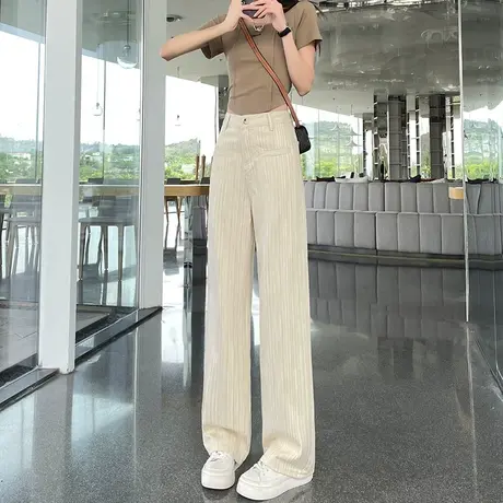 米白阔腿牛仔裤女秋冬新款高腰垂感窄版显瘦竖条纹小众直筒拖地裤商品大图