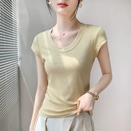 u领飞袖t恤女2025夏季新款修身显瘦常规款百搭正肩鹅黄色短袖上衣图片