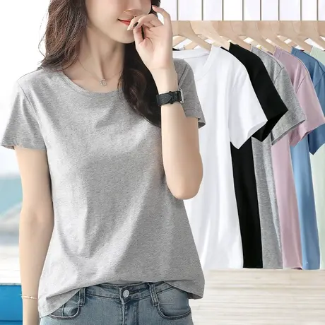 灰色纯棉短袖t恤女夏正肩体恤打底衫修身圆领净版单件基础款上衣商品大图