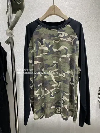 欧货早秋个性迷彩印花拼色长袖T恤女潮牌休闲宽松上衣ins潮打底衫商品大图