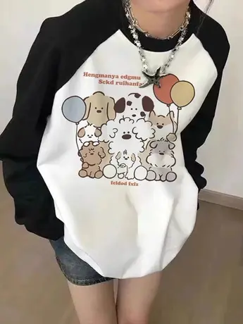 秋冬简约卡通印花插肩长袖T恤女2023新款爆款加绒加厚百搭上衣潮图片