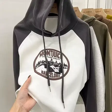 美式ins潮牌连帽插肩袖卫衣女早秋洋气百搭宽松显瘦薄款撞色上衣商品大图