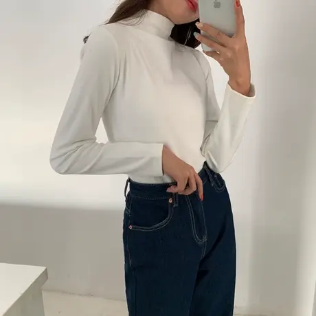 德绒半高领打底衫女秋冬内搭洋气加绒加厚百搭修身白色紧身上衣服图片
