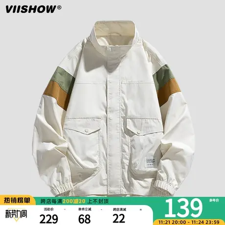 VIISHOW复古撞色拼接立领外套男潮牌宽松情侣休闲百搭冲锋夹克夹商品大图