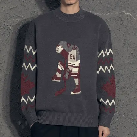 奕飏复古卡通提花冬季男生毛衣韩版潮流半高领针织衫潮牌学生上衣商品大图