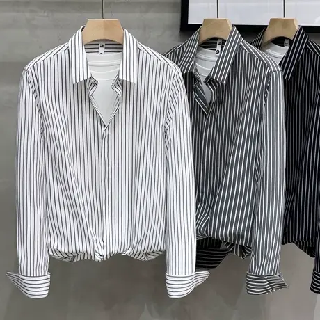 春秋季免烫轻商务竖条纹上班职业衬衫男长袖休闲寸衫修身正装衬衣商品大图